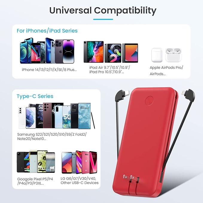 Portable Charger with Built-in Cables & AC Wall Plug,Ultra Slim 13800mAh USB-C Power Bank, 4 Output 2 Input LCD Display External Battery Pack Phone Charger Compatible with iPhone Samsung Android -Red