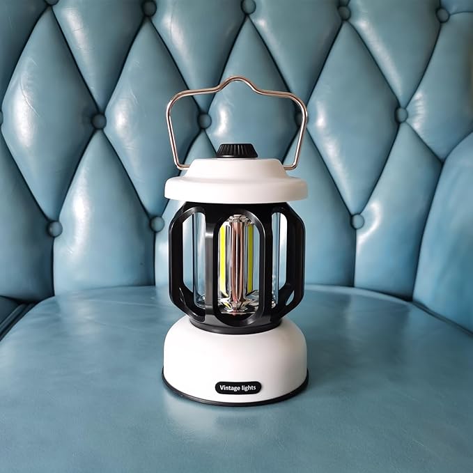 Camping Lantern Rechargeable, 360° Brightness Dimmable Retro Camping Light, Hanging Vintage Camping Lamp Outdoor Tent Light for Power Outage, Hurricane, Emergency, 3A Battery Included, White