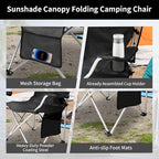 Portable Camping Chair with Canopy Shade- Folding Camping Lounge Chair with Cup Holder & Side Pocket for Outdoor Camping, Fishing, Beach - Support 330 LBS (Black)