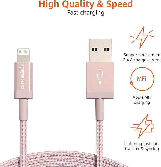 Amazon Basics USB-A to Lightning Cable, Apple MFi Certified, Nylon Braided Cord for iPhone 14 13 12 11 X Xs Pro, Pro Max, Plus, iPad, Data Sync, High Speed Transfer, 3 Foot, Rose Gold