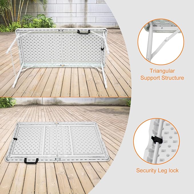 4 FT Folding Table with Carry Handle, Portable Fold-in-Half Plastic Table, Rectangle Foldable Table for Indoor/Outdoor White