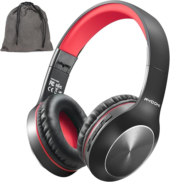 Rydohi Bluetooth Headphones Over Ear,68H Playtime and 3 EQ Music Modes Wireless Headphones with Microphone/Deep Bass, HiFi Stereo Foldable Lightweight Headset for PC Home Travel Office (Black Red)