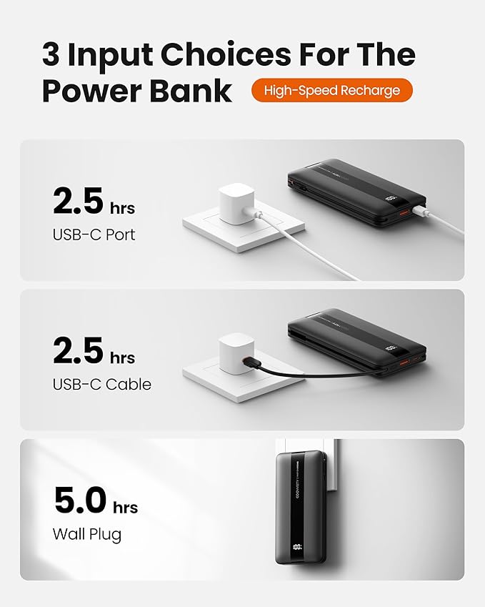 Portable Charger with Foldable AC Wall Plug, Fast Charging 10500mAh 22.5W Power Bank with Built-in Cables, 4 Outputs 3 Inputs LED Display Slim Battery Pack Compatible with iPhone/Android (Black)