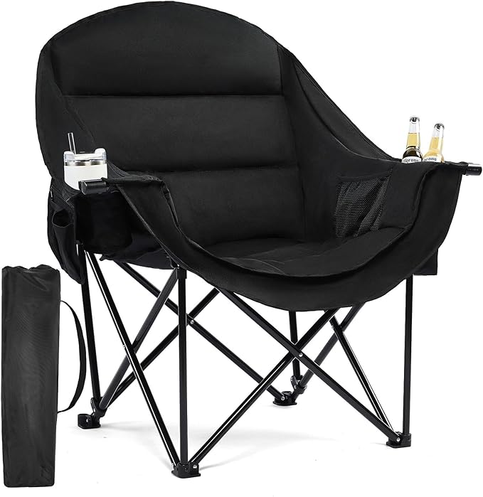 Oversized Camping Chairs for Adults - Heavy Duty Padded Outdoor Folding Lawn XL Camp Chair with Cup Holder Cooler Pockets for Outside Sports Beach Fishing Garden Portable Supports 500lbs, AllBlack