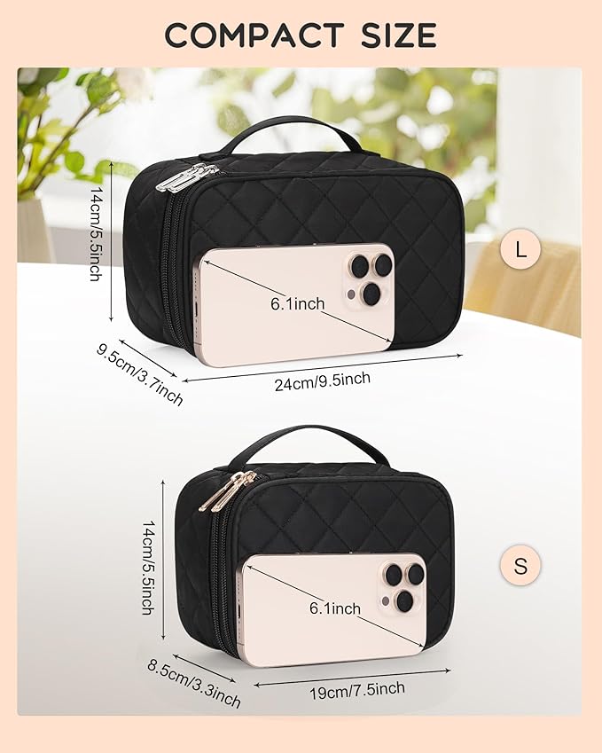 Relavel Small Makeup Bag, Travel Cosmetic Bag with Makeup Brush Compartment, Cute Make Up Pouch for Women, Double Layer Toiletry Organizer for Short Trip, Office - Black
