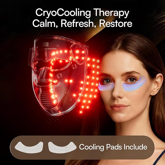 INIA Glow 4D Wireless Red Light Therapy Mask for face – Dual NIR, 320 LEDs, 4 Modes, Under-Eye Cooling, Cordless & Rechargeable LED Face Mask for Home & Travel, Skincare Gifts for Women Mom Wife, Blue