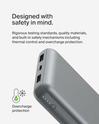 Belkin Portable Charger, USB C Power Bank 20000 mAh w/ 2 USB-A Ports, 15W w/A to C Cable - iPhone 17, Air, Pro, Pro Max, AirPods, Samsung Galaxy S25, iPad, Nintendo Switch 2, Google Pixel 10 - Gray
