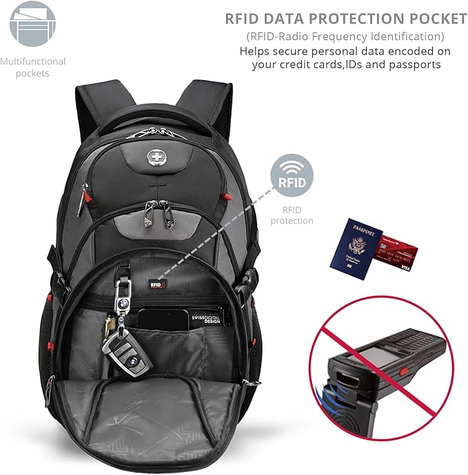 Swissdigital Design Laptop Backpack, Travel Backpack with USB Charging Port Fits 15.6 inches Computer, 31L College School Bookbag for Men, Black/Grey | SD803-02