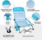 VILLEY Low Beach Chair, High Back Folding Chair for Adults, Lightweight and Portable for Outdoor, Camping, Lawn, Music Festival, with Cup Holder and Carry Bag - Blue Stripes
