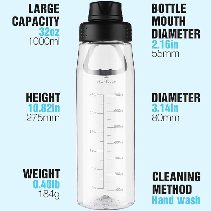 Water Bottle 32oz, clear water bottle with Spout Lid and Carry Handle, Reusable, Tritan, BPA Free, Hiking Water Bottle Suitable for Travel, Outdoors, Gym, Travel, Home, School (clear-black)