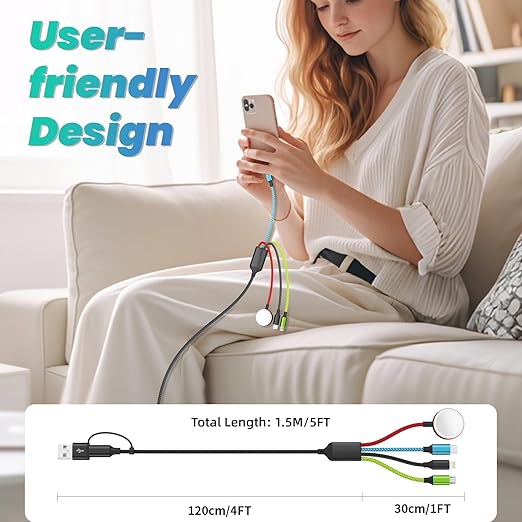 Travel Essentials 4 in 2 Multi Charging Cable for Apple iWatch Charger, USB A/USB C Multiple Charger Cord for iWatch Ultra/SE/10-2, iPhone 17-11, Galaxy S25-21, iPad (2PACK 5FT)