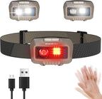 EverBrite Rechargeable Headlamp, LED Bright Motion Sensor Head Lamp Flashlight with 9 Modes, Adjustable Headlight for Adults with White Red Light, Water Resistant, Khaki, for Hiking, Running, Camping