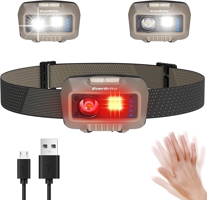 EverBrite Rechargeable Headlamp, LED Bright Motion Sensor Head Lamp Flashlight with 9 Modes, Adjustable Headlight for Adults with White Red Light, Water Resistant, Khaki, for Hiking, Running, Camping
