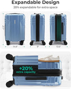 BAGSMART Expandable Carry On Luggage 22x14x9 Airline Approved, 1OO% PC Lightweight Hard Shell Suitcase, 20 Inch Travel Luggage with Spinner Wheels, Waterproof Rolling Suitcase,Blue