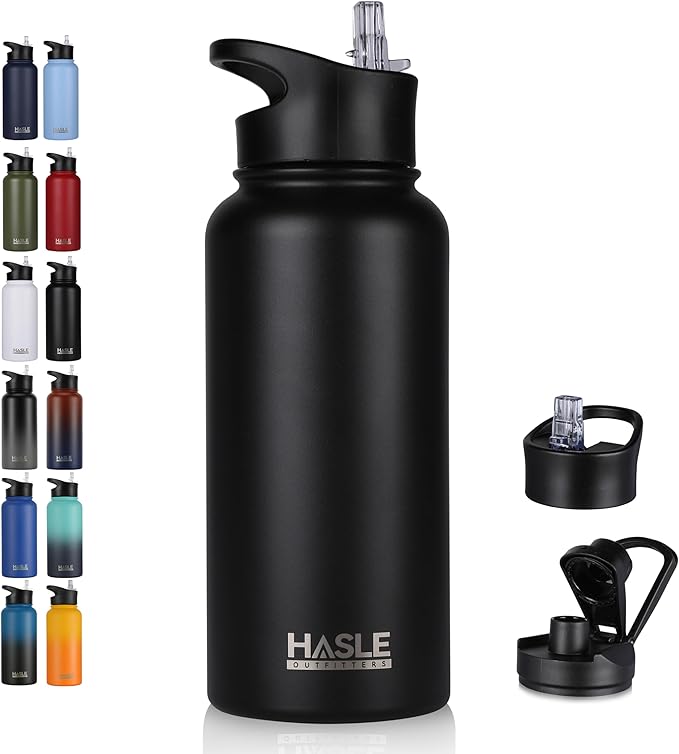 HASLE OUTFITTERS 32 oz Insulated Water Bottle Stainless Steel Double Walled Vacuum Sports Water Bottle with 2 Lids (Straw and Spout Lid) for Gym Camping Hiking(Black,1)