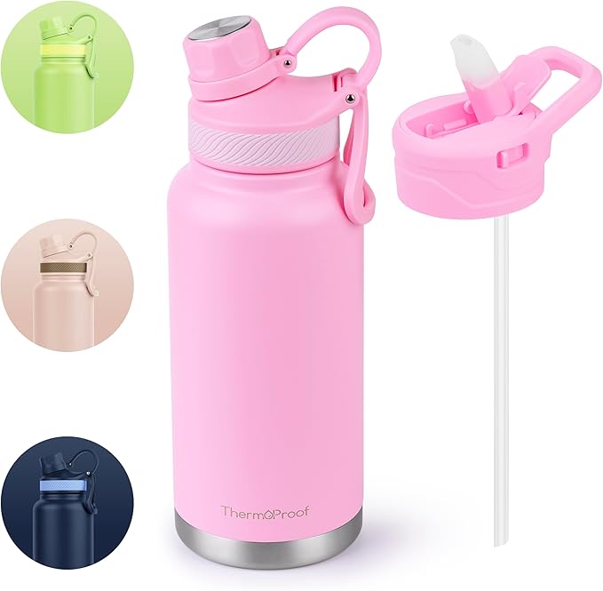 ThermoProof Double-Walled Vacuum Insulated Stainless Steel Water Bottle - Wide Mouth Canteen, Spout & Straw Lids, Dishwasher Safe, Reusable, Leakproof, Hot & Cold for Men, Women & Kids - 32oz, Pink