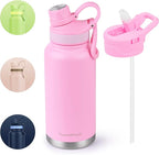 ThermoProof Double-Walled Vacuum Insulated Stainless Steel Water Bottle - Wide Mouth Canteen, Spout & Straw Lids, Dishwasher Safe, Reusable, Leakproof, Hot & Cold for Men, Women & Kids - 32oz, Pink