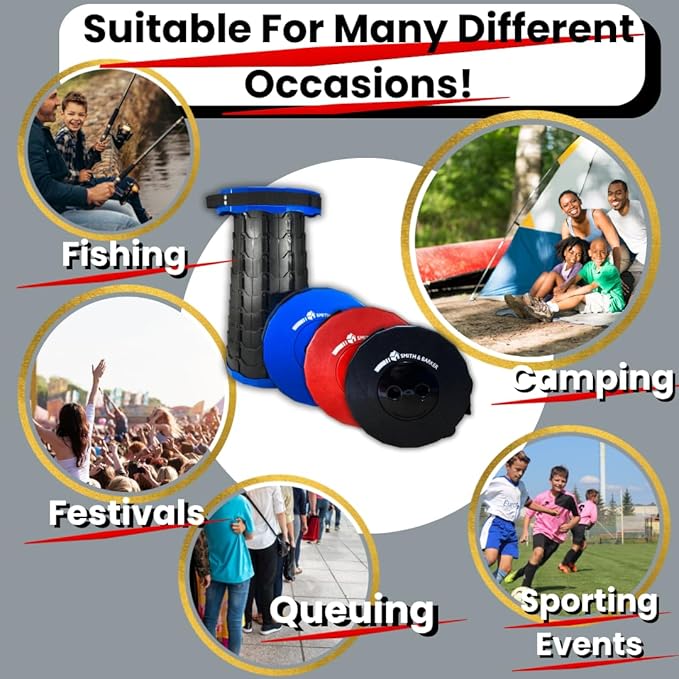 Smith & Barker Upgraded for 2025 Premium Telescopic Folding Stool for Adults and Children Outdoor Indoor Portable Collapsible Foldable Fishing Hiking Camping Festivals Seat (Red)