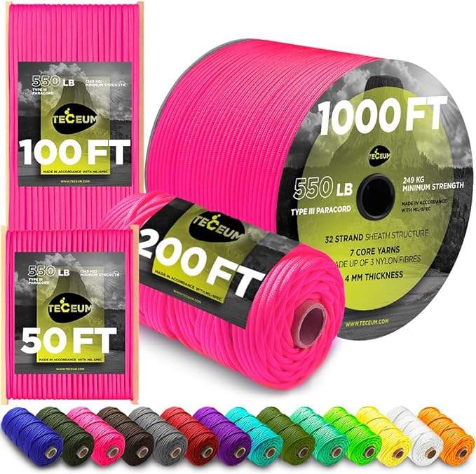 TECEUM 5/32" Paracord Rope 1000 – 1000ft / 200ft / 100ft / 50ft – Tactical Parachute Cord 4mm – 45+ Colors – Nylon String for Survival & Camping Gear – Stripe Cord for Survival – Utility Rope