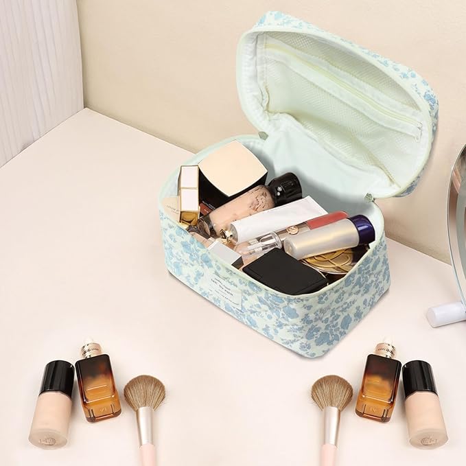 Gosect Large Makeup Bag, Cute Cosmetic Bag for Women Girls, Floral Coquette Aesthetic Toiletry Bag, Travel Make Up Organizer Bag (White-Bear)
