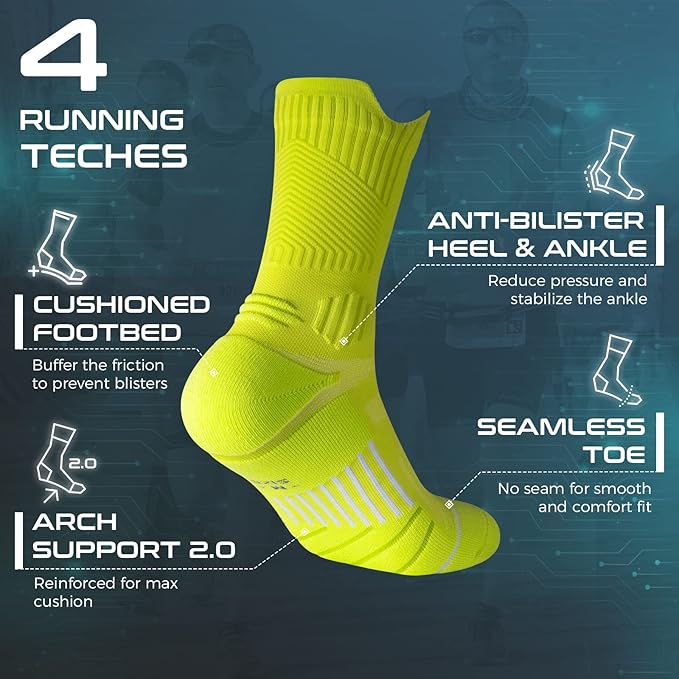 Compression Running Socks 3 Pairs, Cushion Crew Socks, Anti-Blister Moisture Wicking Athletic Hiking Basketball Socks