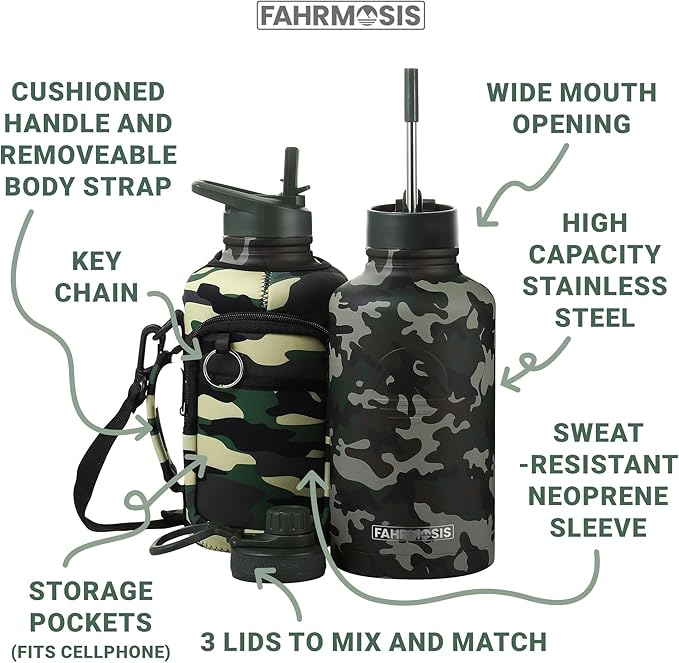 64 Oz Insulated Water Bottle with Strap Stainless Steel Sports Water Bottle with 3 Lids (Straw, Chug and Flip Lid) Leak Proof Metal Half Gallon Jug for Men & Women - Camo