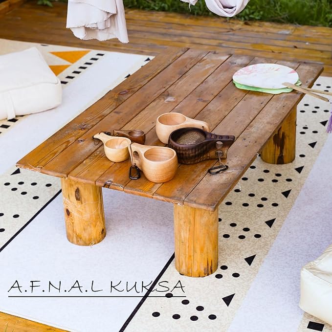 Kuksa Camping Mug Wooden Bushcraft Handcarved Cup, Nordic Style Coffee & Hiking Kuksa, Rubber Wood with Double Hole & Engraved Pattern, 7.1 oz., 6.3" x 3.8" x 2.6"