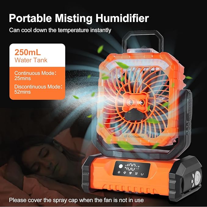 Odoland Portable Misting Fan with Light, 30000mAh Rechargeable Battery Camping Fan with 2 Spray Mister, Outdoors Tent Ventilador with Remote and Hook for Indoor Cooling Hiking Patio, Orange