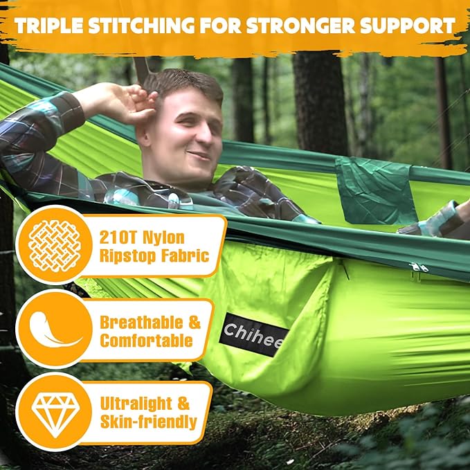 Chihee Ultra-Light Travel Camping Hammock Pop-up Net Hammock 660lbs Load Capacity,Breathable,Quick-Drying Parachute Nylon 2 Premium Carabiners,2 Tree Slings Included for Outdoor Backpacking Hiking