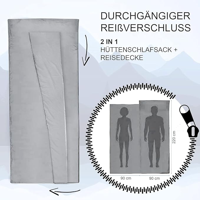 MIQIO Sport 2-in-1 Sleeping Bag Liner and XL Sized Travel Sheet - Ultra Lightweight Sleep Liner Double Travel Bed Sheet - Inlett Inlay