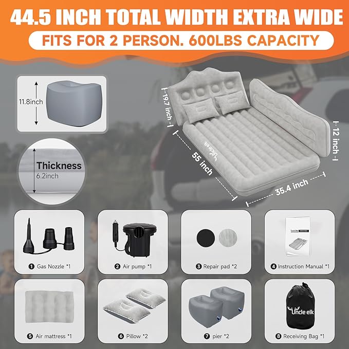 Car Air Mattress Bed: Inflatable Back Seat Air Mattress for Car, Thickened Camping Sleeping Pads with 2 Pillows & Air Pumps, Fits Sedan/Truck/SUV, Grey