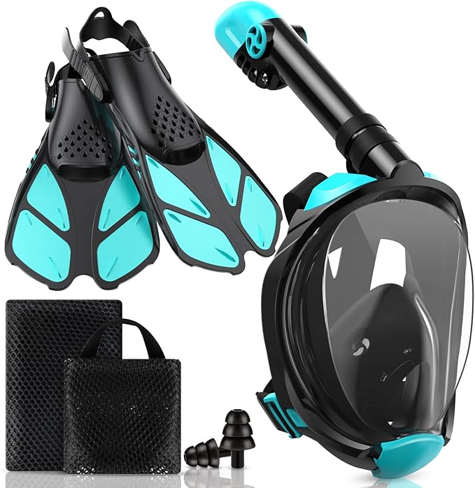 Mask Fins Snorkeling Gear for Adults, Full Face Snorkel Mask & Adjustable Swim Fins Snorkel Set, Panoramic View Snorkel Mask Dry Top Anti-Fog Anti-Leak