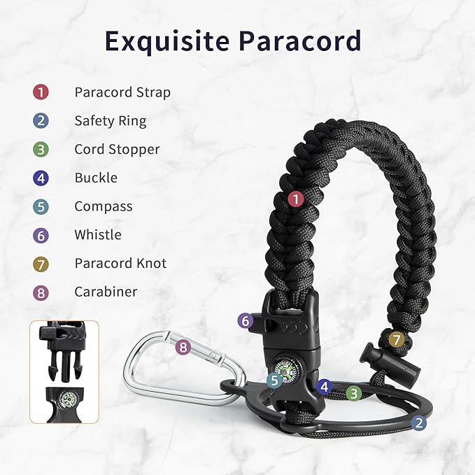 Trebo One Gallon Water Bottle Insulated with Paracord Handle,128oz Large Vacuum Double Wall Stainless Steel Insulated Jug with Straw Spout Handle Lids, Leakproof Keep Cold & Hot,Black