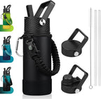 BJPKPK Water Bottle with Straw Lid, 18oz Insulated Water Bottles with 3 Lids, Paracord Handle & Non-slip Boot, Metal Stainless Steel Thermo, BPA Free Leak Proof Cups, Tumblers,Black