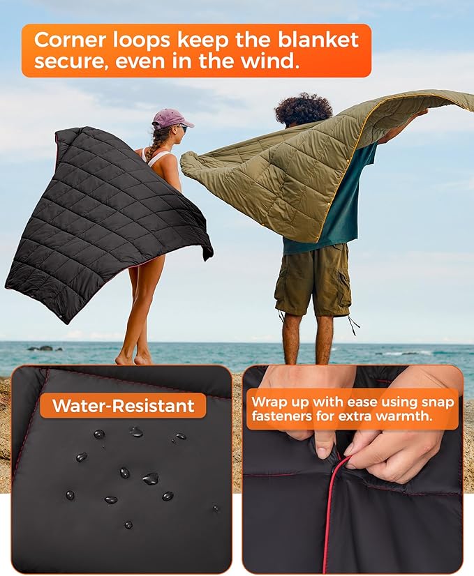 KingCamp Ultralight Camping Blanket, Packable Down Alternative Puffy Wearable Blankets Weatherproof Warm Package Quilt with Snap Buttons for Outdoor Hiking Travel Picnic Stadium (69"L x 53"W, Black)