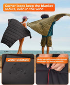 KingCamp Ultralight Camping Blanket, Packable Down Alternative Puffy Wearable Blankets Weatherproof Warm Package Quilt with Snap Buttons for Outdoor Hiking Travel Picnic Stadium (69"L x 53"W, Black)