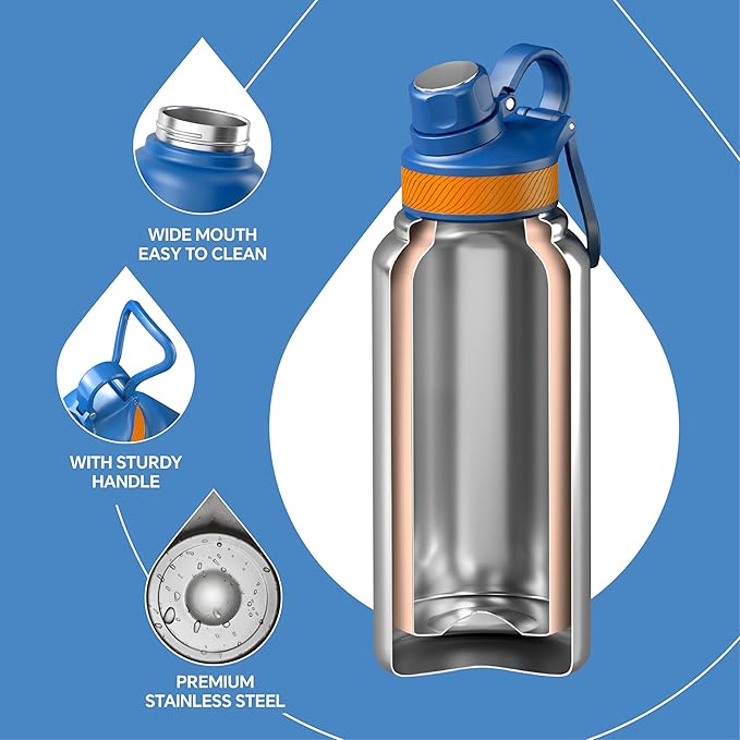 IDEUS Insulated Stainless Steel Water Bottle with 2 Leak-Proof Lids, Thermal Water Flask for Hiking Biking, 32oz, Bright Blue