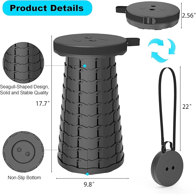 Upgraded Collapsible Stool with Adjustable Strap,Lightweight Folding Stool,Load Capacity 400lbs,Retractable Camping Stool Portable Folding Chair or Travel Footrest for Outdoor Fishing Hiking BBQ