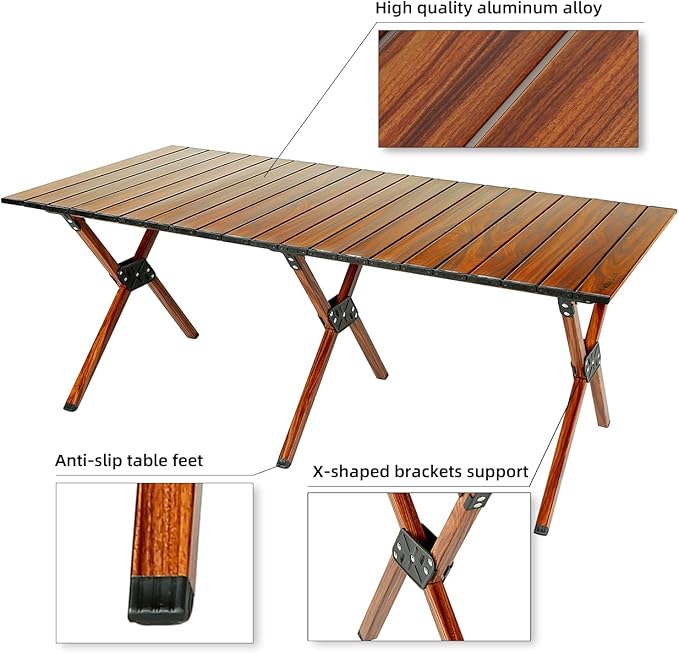 ROCK CLOUD Folding Camping Table Aluminum Portable Roll-Up Picnic Table 4-6 Person for BBQ Backyard Patio Party, 48x24 in, Wood Grain