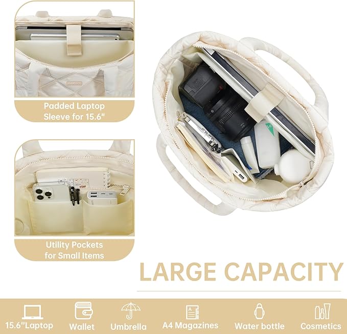 Puffer Tote Bag for Women, Quilted Bag with Zipper, Small Tote HandBags for Work, Travel