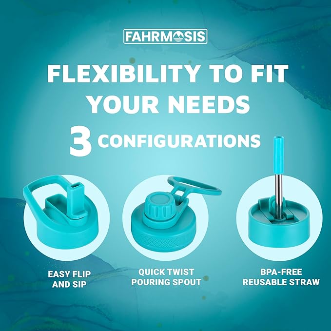 40 Oz Water Bottle with Strap Stainless Steel Sports Water Bottle with 3 Lids (Straw, Chug and Flip Lid) Insulated Leak Proof Metal Jug for Men & Women - Teal