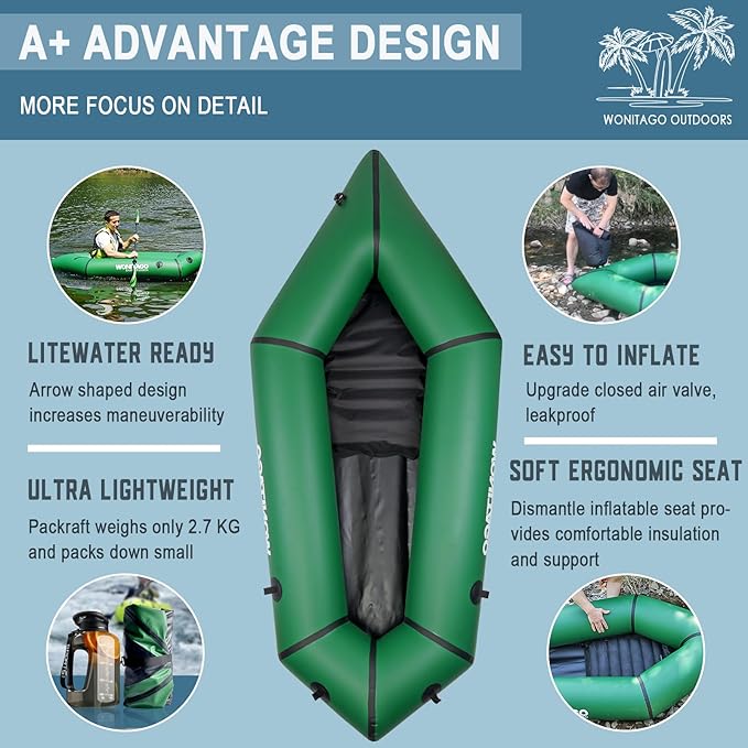 Packraft TPU Inflatable Travel Kayak with Soft Seat Lightweight Packrafts for Flat Water Rafting/Bicycle Drifting/Litewater Dinghy, 1 Person