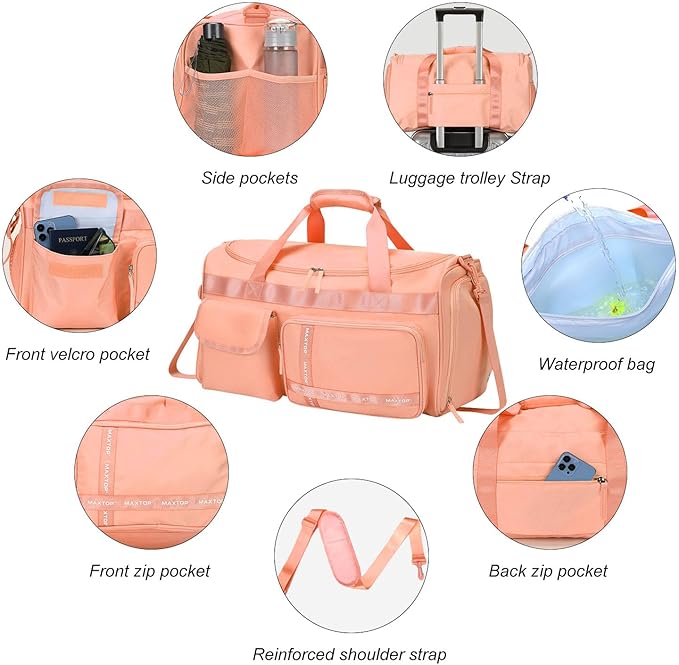 MAXTOP Gym Bag for Women Men Travel Duffle Bag Large Capacity Carry On Weekender Overnight Bag With Shoe Compartment Gym Tote Dry Wet Separation Duffel Bag for Travel