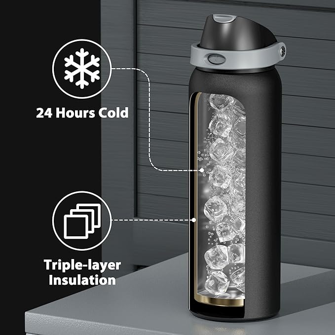 40 oz Insulated Water Bottle for Sports: Meoky Stainless Steel Water Bottle with 2-in-1 Straw and Spout Lid - Leak Proof, Cold for 24 Hours, Protective Silicone Base, BPA-Free for Gym, Night