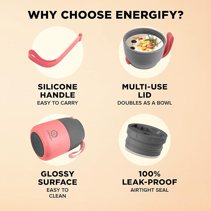 Vacuum Insulated Food Jar. Large 12oz Bowl incl. Folding Spoon, Cup. Wide Mouth Keep Hot & Cold Drinks Soup thermo Lunch Container for Adults. BPA-Free Stainless Steel, Leak Proof Antique Pink