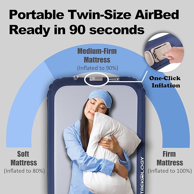 TREKOLOGY Twin Size Air Mattress with Built-in Pump – Quick Inflate Camping Air Bed for Adults & Guests – Durable Blow Up Bed with Electric Pump – Inflatable Mattress - Inflates in Only 90 Seconds