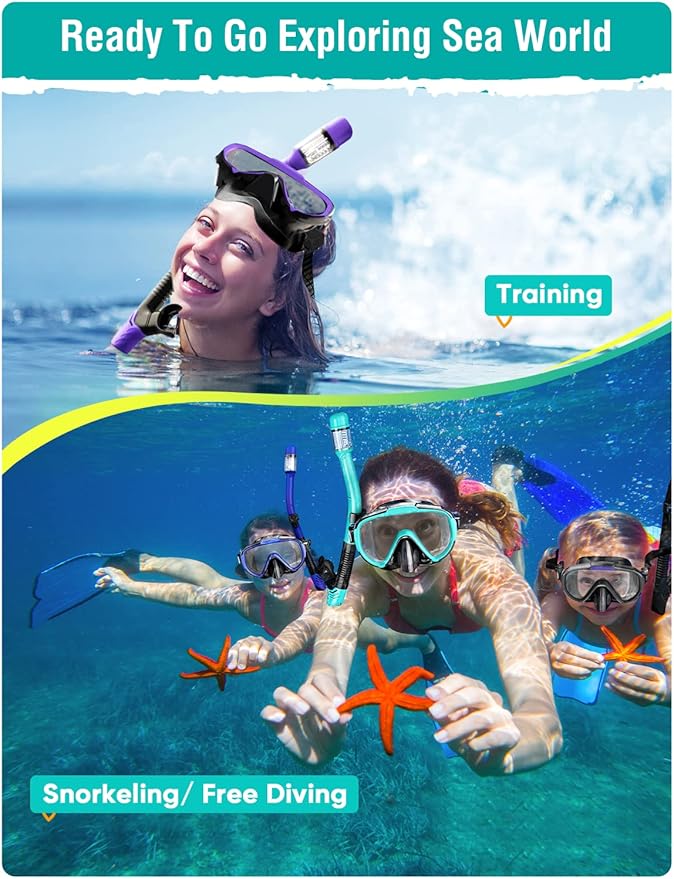 Snorkel Set Adults Snorkeling Gear Anti-Fog Panoramic View Swim Mask Dry Top Snorkel Kit with Carry Bag for Snorkeling Scuba Diving Swimming Travel