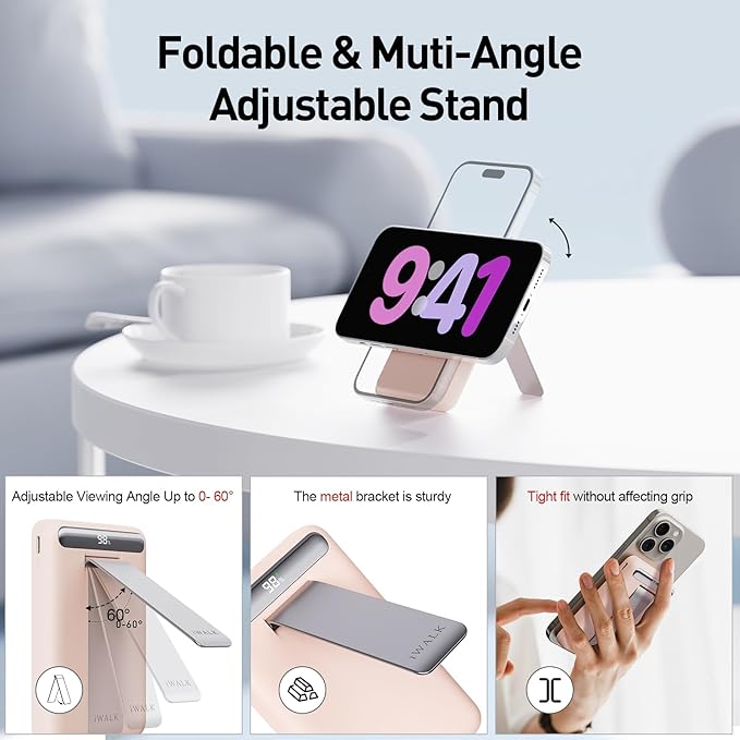 iWALK Qi2 Certified 15W Magnetic Wireless Power Bank, 10000mAh Portable Charger with Adjustable Stand & LED Display, Fast Charging for iPhone 16/15/14/13/12 Pro/Pro Max/Plus/Mini