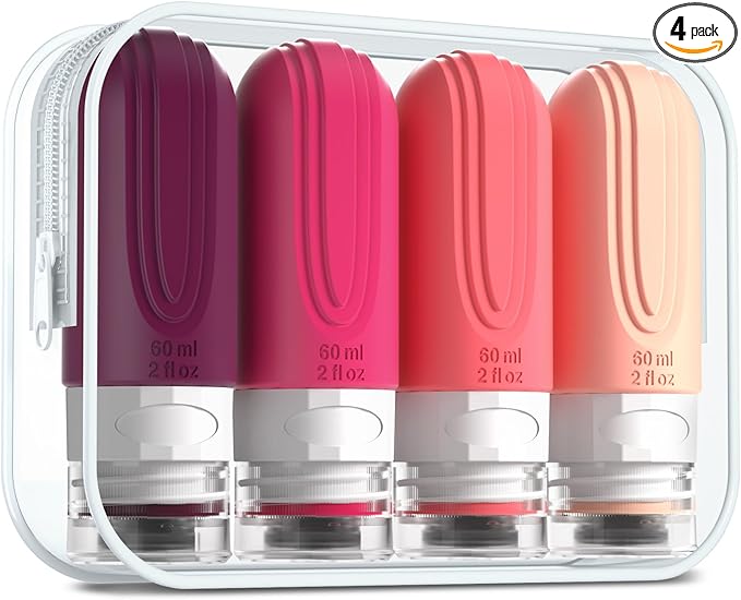 Mrsdry Travel Bottles for Toiletries, Tsa Approved 2oz Travel size Bottles, BPA Free Leak Proof Travels Toiletry Containers, Traveler Accessories with Toiletry Bag for Shampoo Liquid (4 Pack)