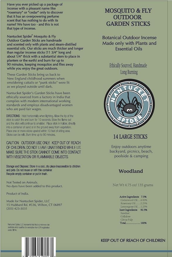 Nantucket Spider Mosquito Repellent Sticks 14 Pack and Holder | Repels Mosquitoes & Flies | Slate Block Holder | Outdoor Garden Natural Essential Oil Incense | Woodland Scent